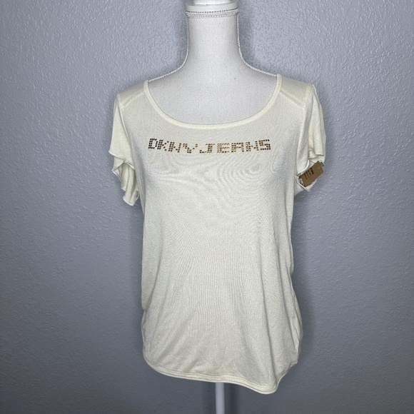 Women's DKNY Jeans Cream colored graphic  Tee gold lettering Large - Picture 1 of 8